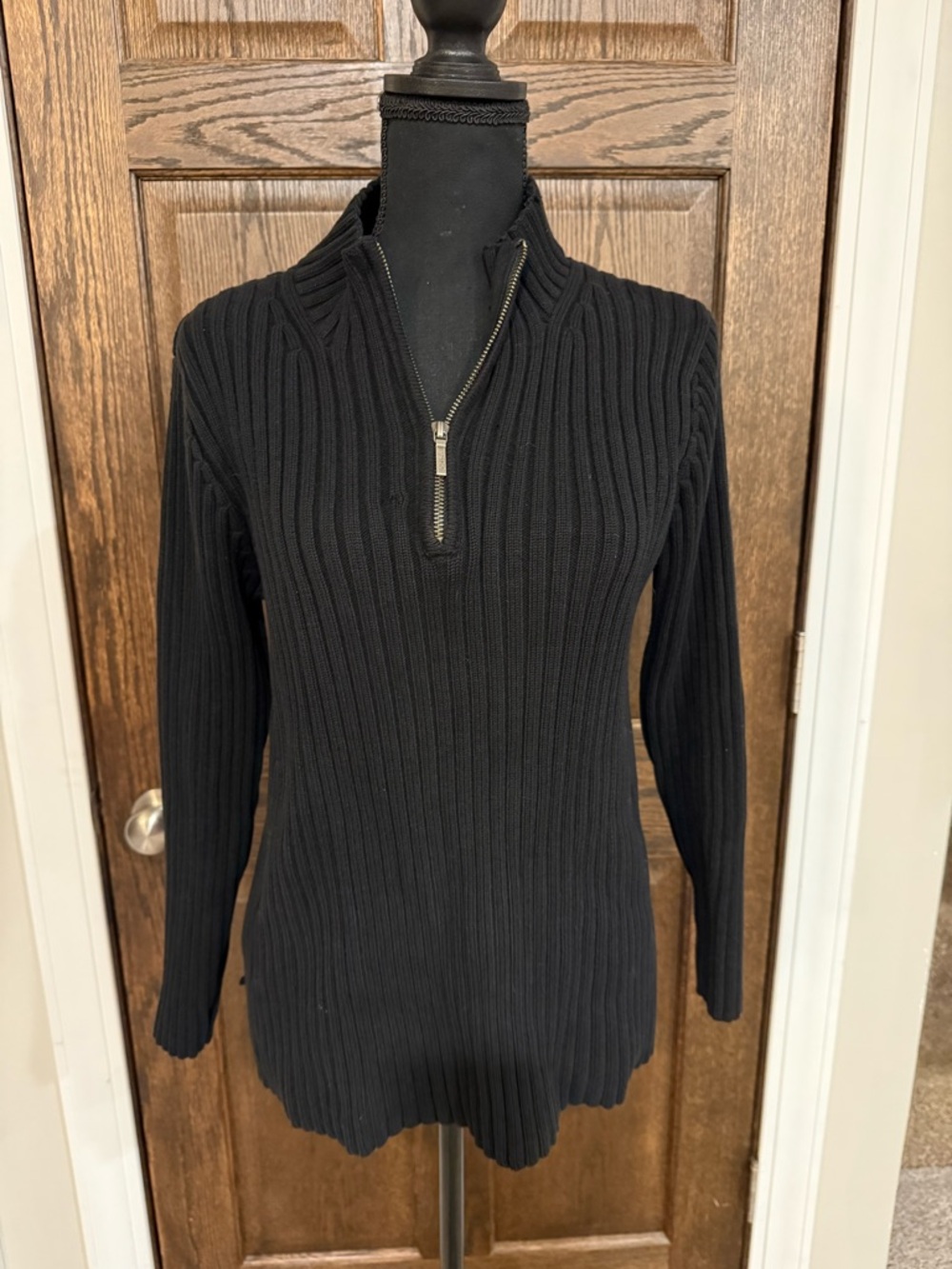 Lauren Ralph Lauren Cotton Black Ribbed Quarter -Zip V-Neck Sweater XL